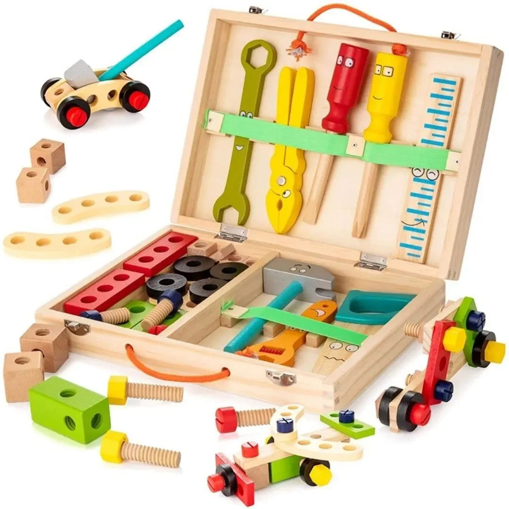 Wudly - Wooden Tool Box, Montessori Educational STEM Toys, Construction Learning Toys for 3+ Years Kids, Set of 53 pcs, Child Safe Certified, Multi color - Naivri