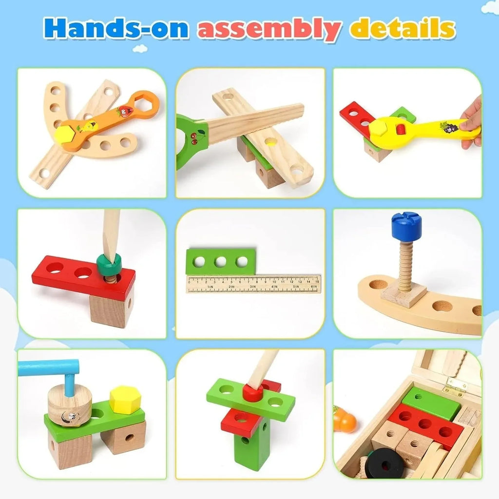 Wudly - Wooden Tool Box, Montessori Educational STEM Toys, Construction Learning Toys for 3+ Years Kids, Set of 53 pcs, Child Safe Certified, Multi color - Naivri