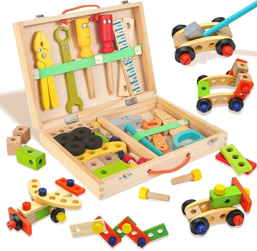 Wudly - Wooden Tool Box, Montessori Educational STEM Toys, Construction Learning Toys for 3+ Years Kids, Set of 53 pcs, Child Safe Certified, Multi color - Naivri