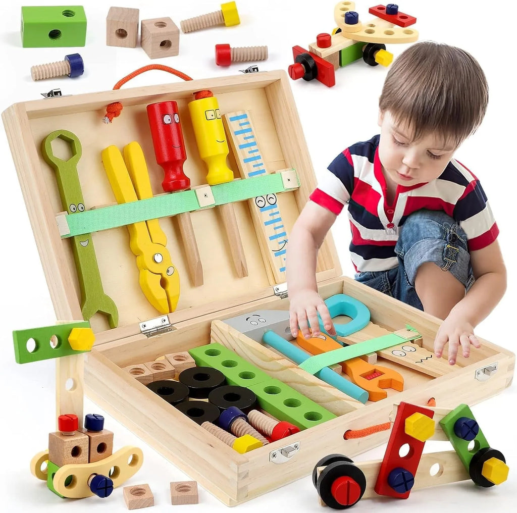Wudly - Wooden Tool Box, Montessori Educational STEM Toys, Construction Learning Toys for 3+ Years Kids, Set of 53 pcs, Child Safe Certified, Multi color - Naivri