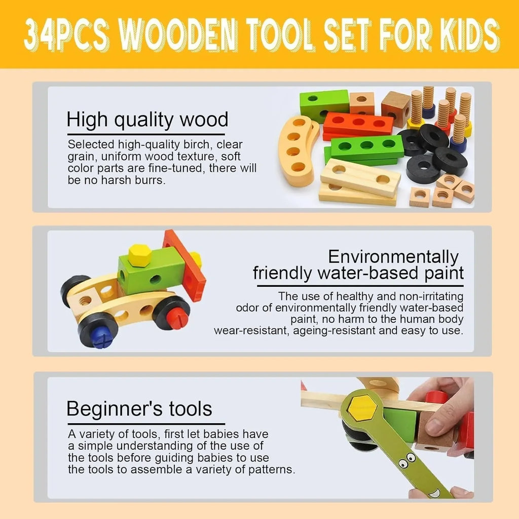 Wudly - Wooden Tool Box, Montessori Educational STEM Toys, Construction Learning Toys for 3+ Years Kids, Set of 53 pcs, Child Safe Certified, Multi color - Naivri