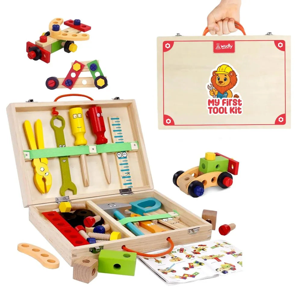Wudly - Wooden Tool Box, Montessori Educational STEM Toys, Construction Learning Toys for 3+ Years Kids, Set of 53 pcs, Child Safe Certified, Multi color - Naivri