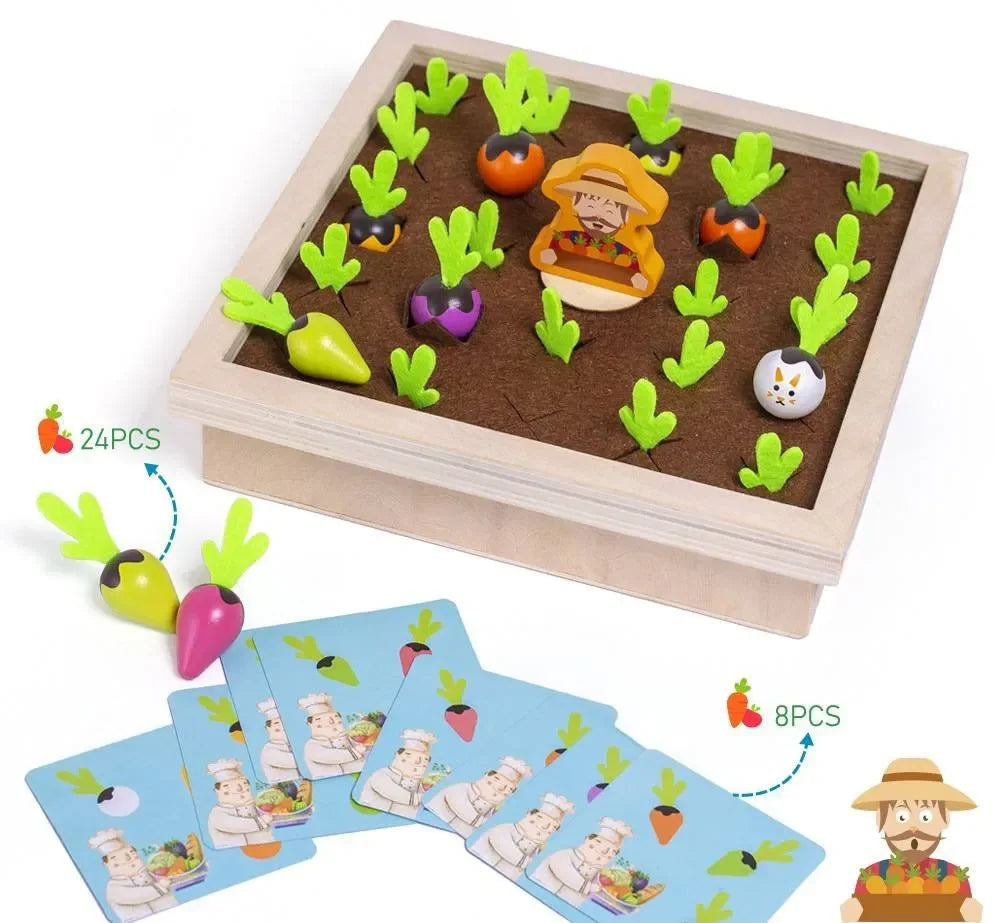 WUDLY Wooden Vegetable Garden Memory Game, Educational Board Game with Farmer Figure - Naivri