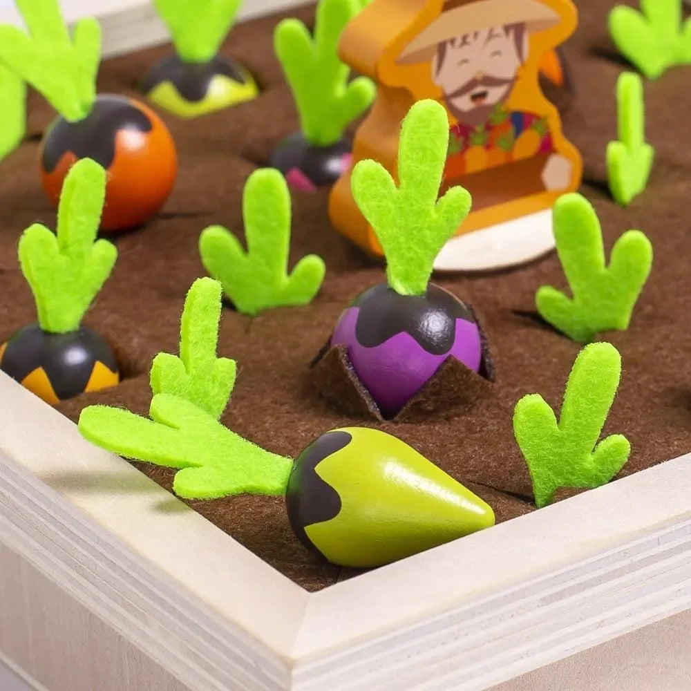 WUDLY Wooden Vegetable Garden Memory Game, Educational Board Game with Farmer Figure - Naivri