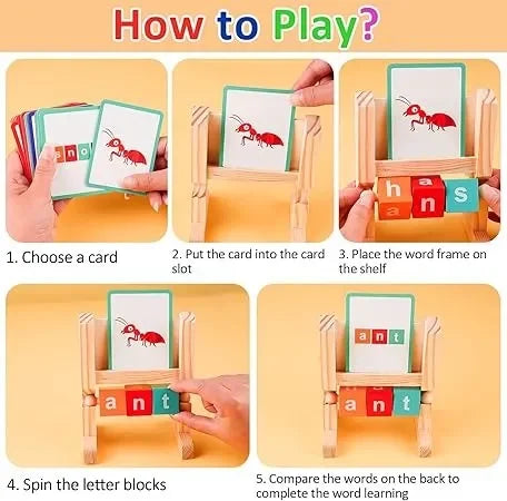 Wudly - WoodenSpelling Words Game , Spinning Wooden Phonics Toys, Spelling and Reading Blocks, Spelling Games, Alphabet Wordcraft Toy with CVC Flashcards, Educational Toys For 3+ Years Kids, Multi Colors, Child Safe Certified - Naivri