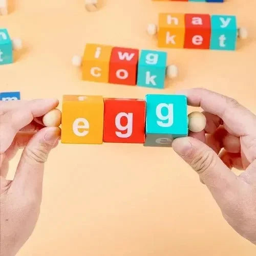 Wudly - WoodenSpelling Words Game , Spinning Wooden Phonics Toys, Spelling and Reading Blocks, Spelling Games, Alphabet Wordcraft Toy with CVC Flashcards, Educational Toys For 3+ Years Kids, Multi Colors, Child Safe Certified - Naivri