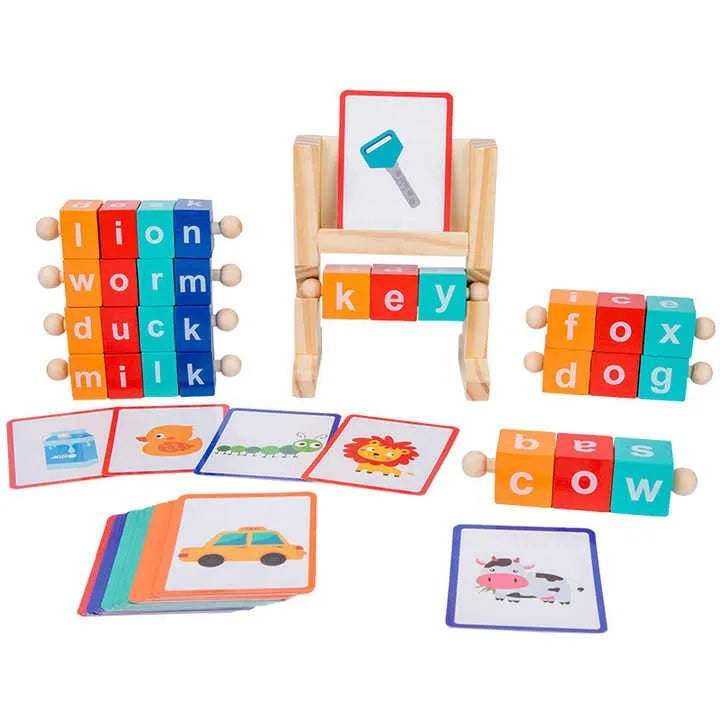 Wudly - WoodenSpelling Words Game , Spinning Wooden Phonics Toys, Spelling and Reading Blocks, Spelling Games, Alphabet Wordcraft Toy with CVC Flashcards, Educational Toys For 3+ Years Kids, Multi Colors, Child Safe Certified - Naivri