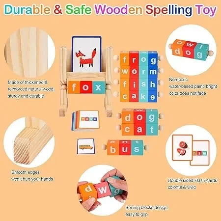 Wudly - WoodenSpelling Words Game , Spinning Wooden Phonics Toys, Spelling and Reading Blocks, Spelling Games, Alphabet Wordcraft Toy with CVC Flashcards, Educational Toys For 3+ Years Kids, Multi Colors, Child Safe Certified - Naivri