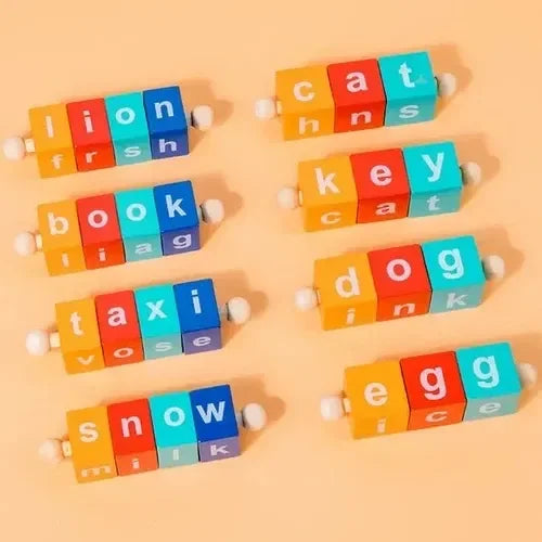 Wudly - WoodenSpelling Words Game , Spinning Wooden Phonics Toys, Spelling and Reading Blocks, Spelling Games, Alphabet Wordcraft Toy with CVC Flashcards, Educational Toys For 3+ Years Kids, Multi Colors, Child Safe Certified - Naivri