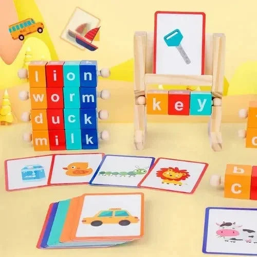 Wudly - WoodenSpelling Words Game , Spinning Wooden Phonics Toys, Spelling and Reading Blocks, Spelling Games, Alphabet Wordcraft Toy with CVC Flashcards, Educational Toys For 3+ Years Kids, Multi Colors, Child Safe Certified - Naivri