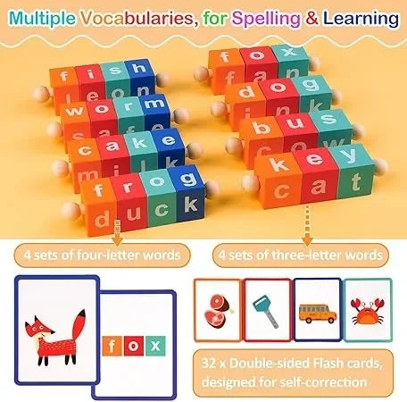 Wudly - WoodenSpelling Words Game , Spinning Wooden Phonics Toys, Spelling and Reading Blocks, Spelling Games, Alphabet Wordcraft Toy with CVC Flashcards, Educational Toys For 3+ Years Kids, Multi Colors, Child Safe Certified - Naivri