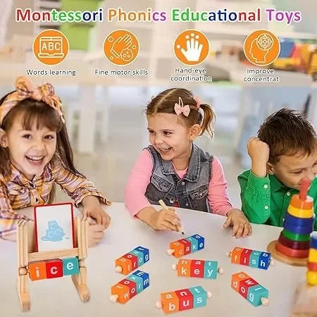 Wudly - WoodenSpelling Words Game , Spinning Wooden Phonics Toys, Spelling and Reading Blocks, Spelling Games, Alphabet Wordcraft Toy with CVC Flashcards, Educational Toys For 3+ Years Kids, Multi Colors, Child Safe Certified - Naivri