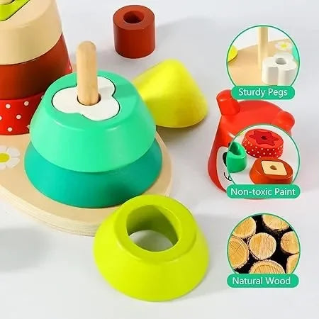 Wuldy - Wooden Sorting Stacking Rings Building Puzzles Double Shapes Toys Educational Color Geometric Shape Recognition Learning Montessori Toys for 18+ Months Kids, Set of 17 pcs, Child Safe Certified, Multi colors - Naivri
