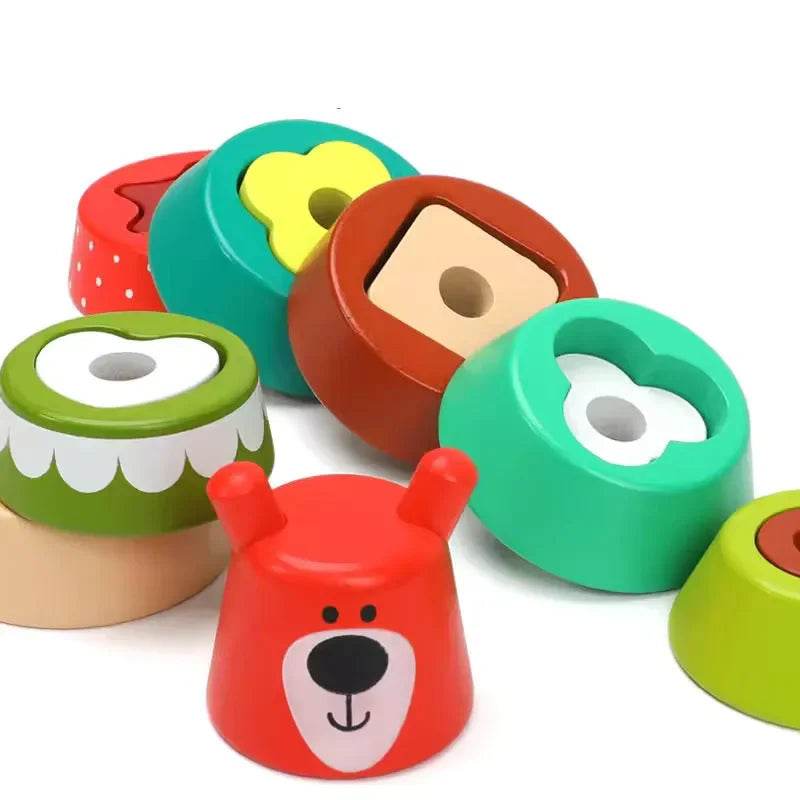 Wuldy - Wooden Sorting Stacking Rings Building Puzzles Double Shapes Toys Educational Color Geometric Shape Recognition Learning Montessori Toys for 18+ Months Kids, Set of 17 pcs, Child Safe Certified, Multi colors - Naivri