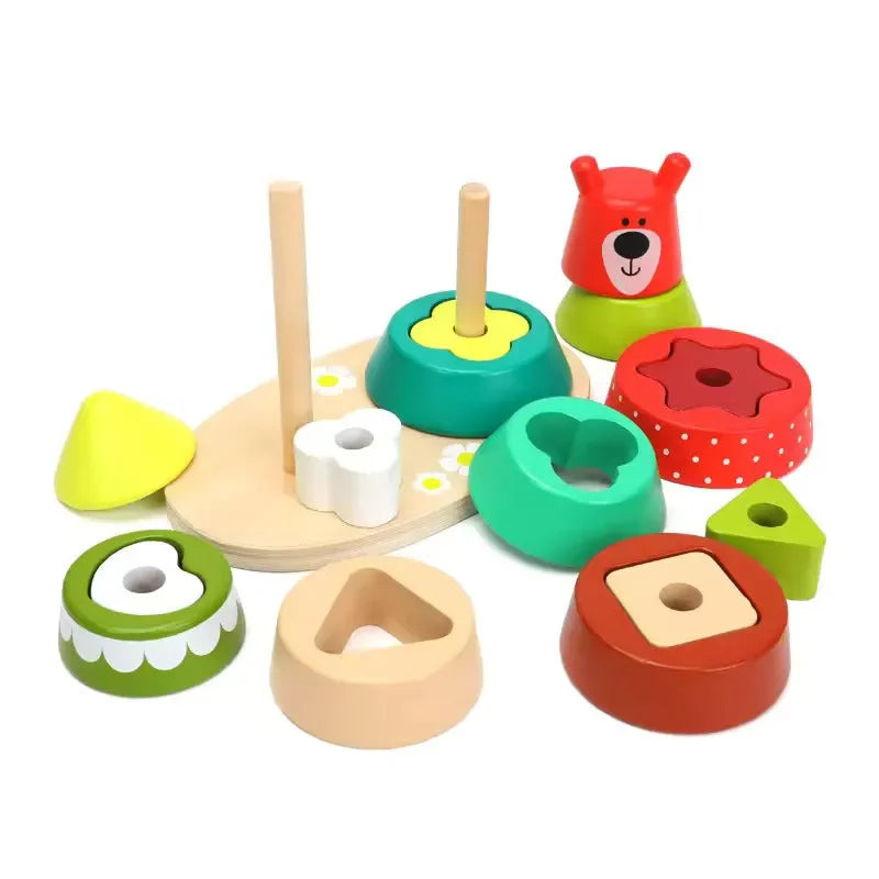 Wuldy - Wooden Sorting Stacking Rings Building Puzzles Double Shapes Toys Educational Color Geometric Shape Recognition Learning Montessori Toys for 18+ Months Kids, Set of 17 pcs, Child Safe Certified, Multi colors - Naivri