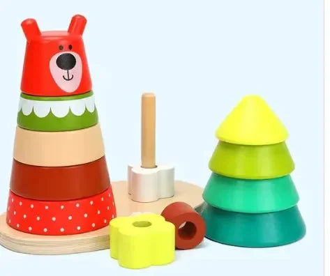 Wuldy - Wooden Sorting Stacking Rings Building Puzzles Double Shapes Toys Educational Color Geometric Shape Recognition Learning Montessori Toys for 18+ Months Kids, Set of 17 pcs, Child Safe Certified, Multi colors - Naivri